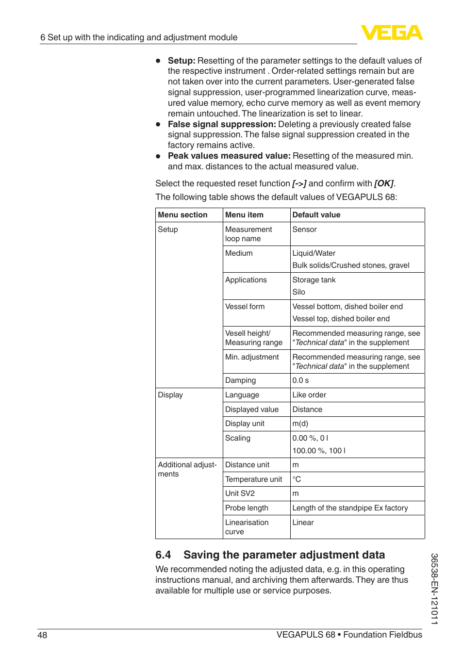 4 saving the parameter adjustment data | VEGA VEGAPULS 68 (≥ 2.0.0 - ≥ 4.0.0) Foundation Fieldbus User Manual | Page 48 / 88