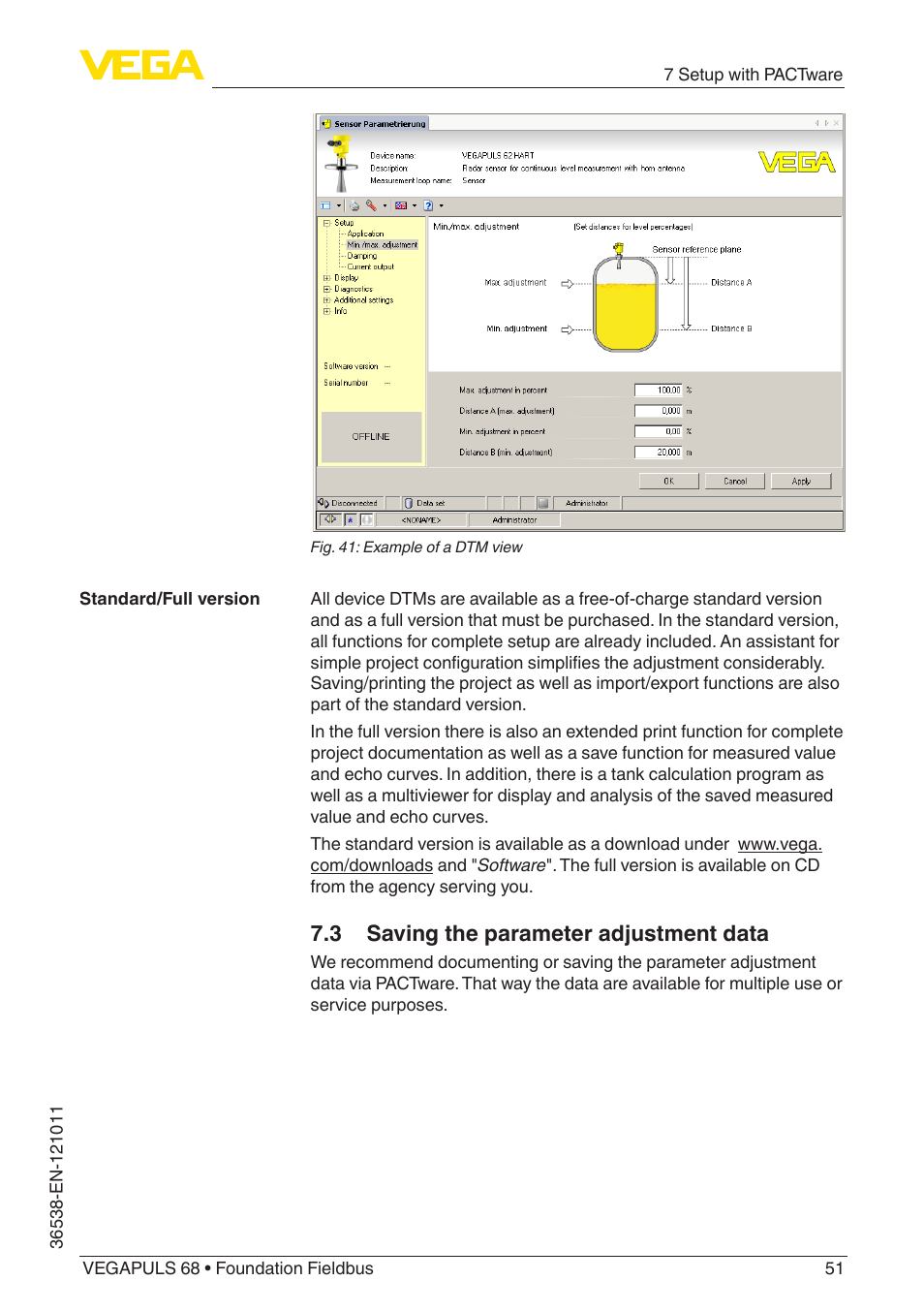 3 saving the parameter adjustment data | VEGA VEGAPULS 68 (≥ 2.0.0 - ≥ 4.0.0) Foundation Fieldbus User Manual | Page 51 / 88