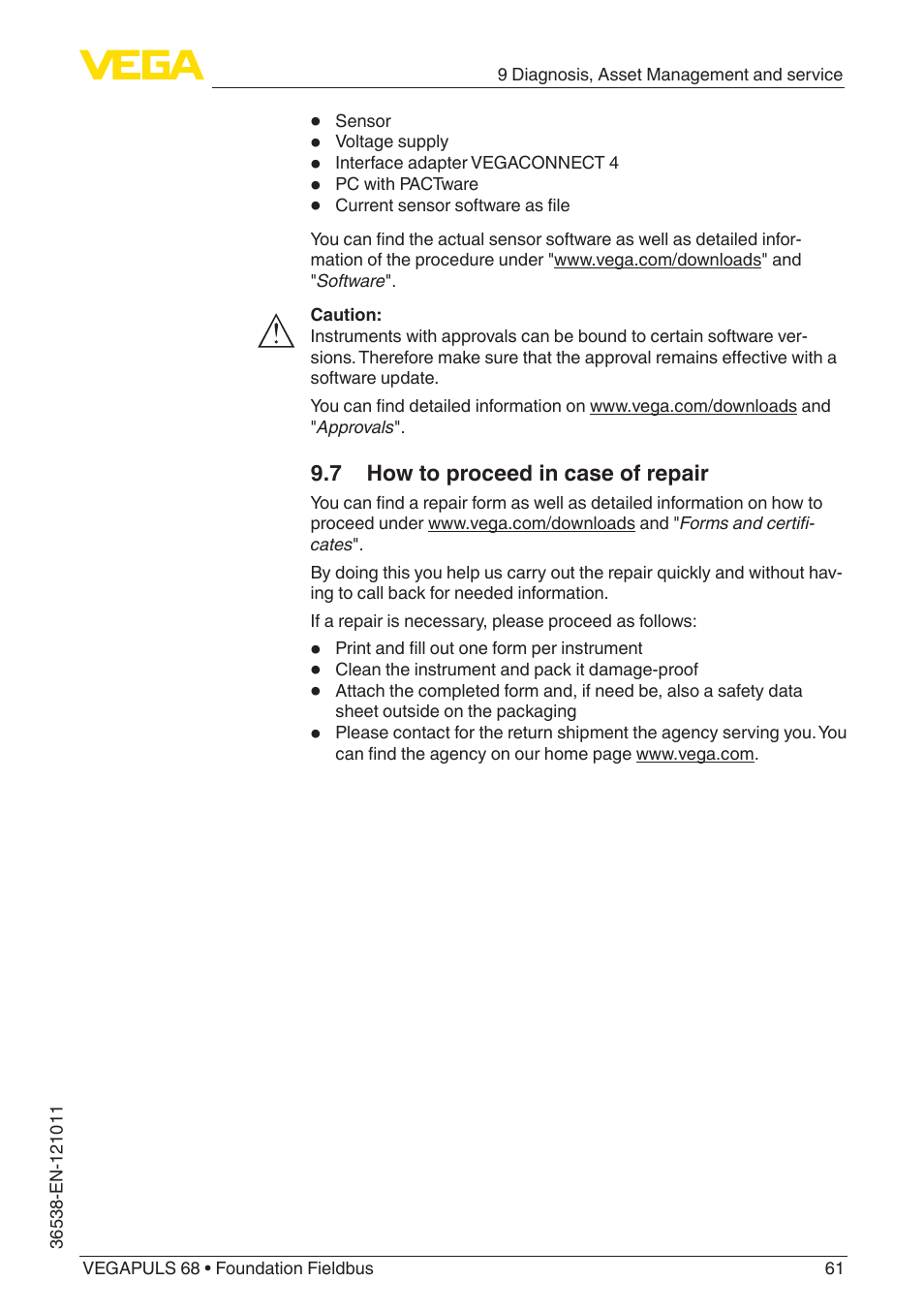 7 how to proceed in case of repair | VEGA VEGAPULS 68 (≥ 2.0.0 - ≥ 4.0.0) Foundation Fieldbus User Manual | Page 61 / 88