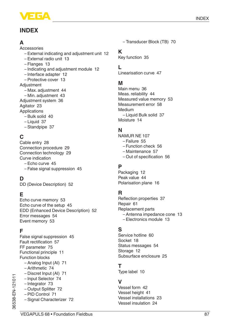 Index | VEGA VEGAPULS 68 (≥ 2.0.0 - ≥ 4.0.0) Foundation Fieldbus User Manual | Page 87 / 88