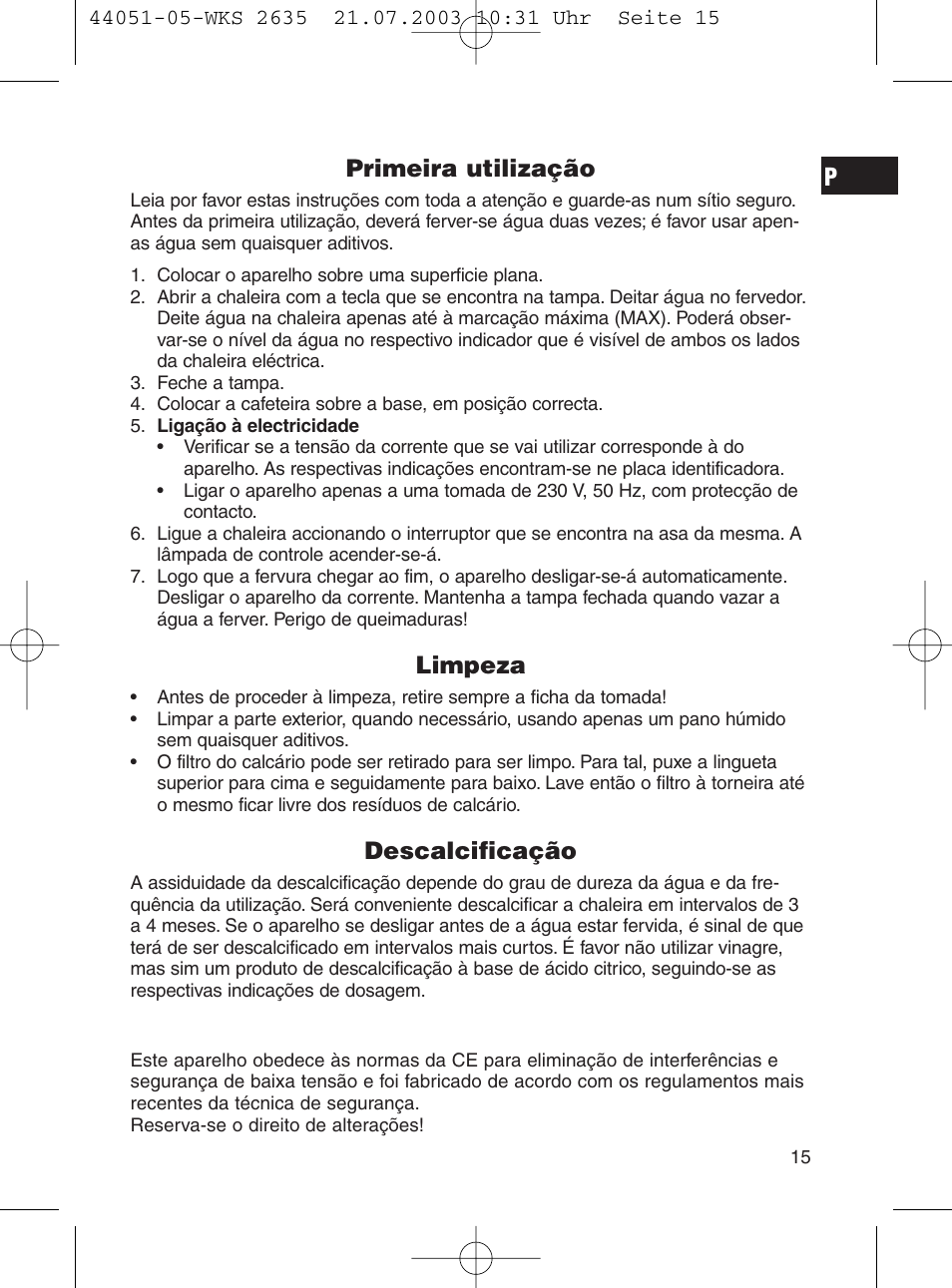 Primeira utilização, Limpeza, Descalcificação | CLATRONIC CB 1241 User Manual | Page 15 / 39
