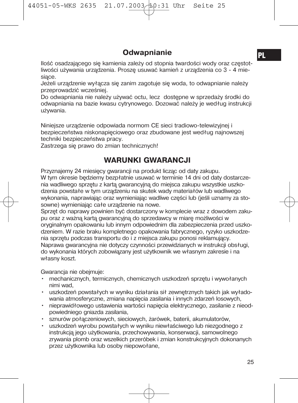 Odwapnianie, Warunki gwarancji | CLATRONIC CB 1241 User Manual | Page 25 / 39