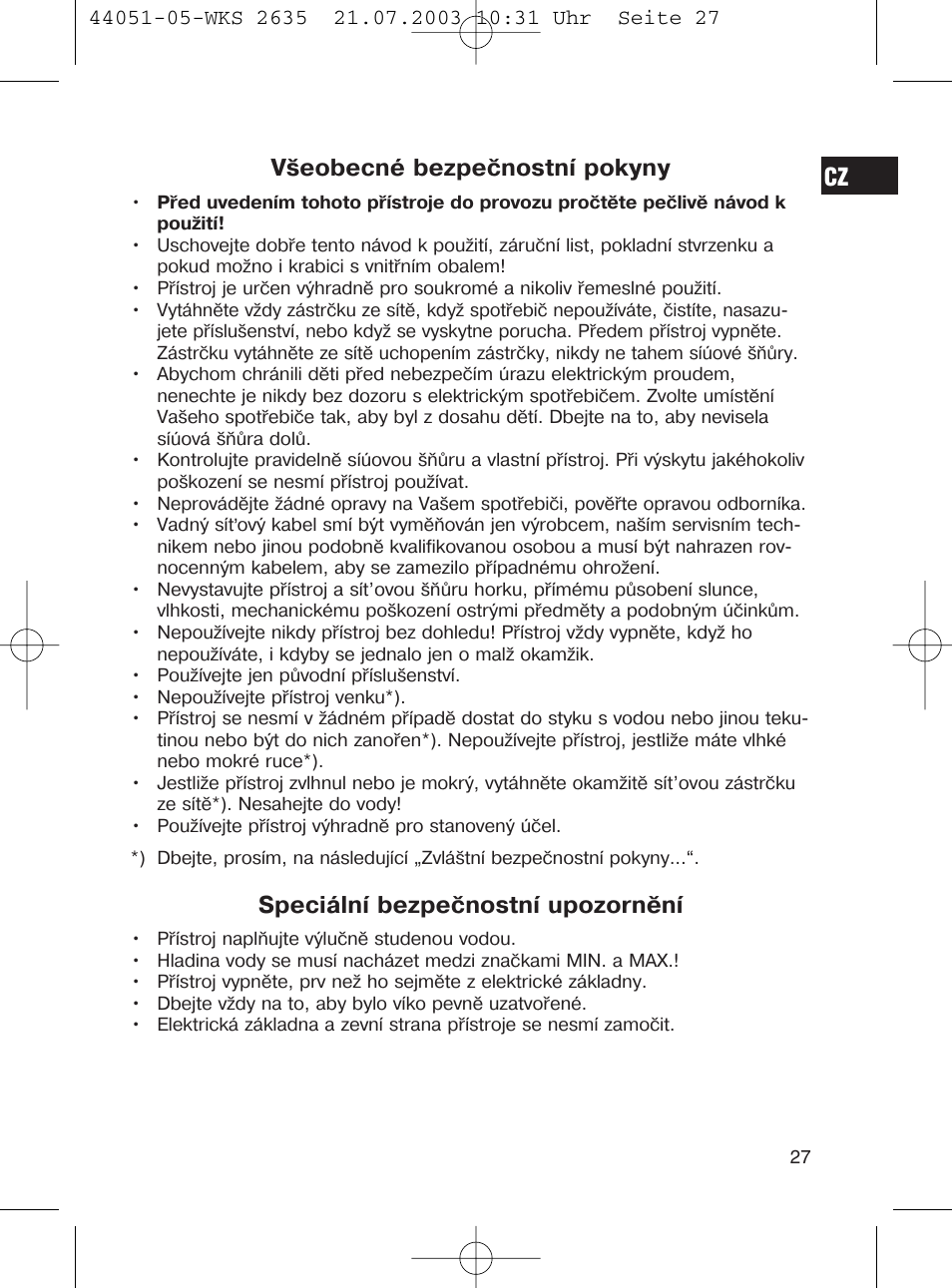 Všeobecné bezpečnostní pokyny, Speciální bezpečnostní upozornění | CLATRONIC CB 1241 User Manual | Page 27 / 39