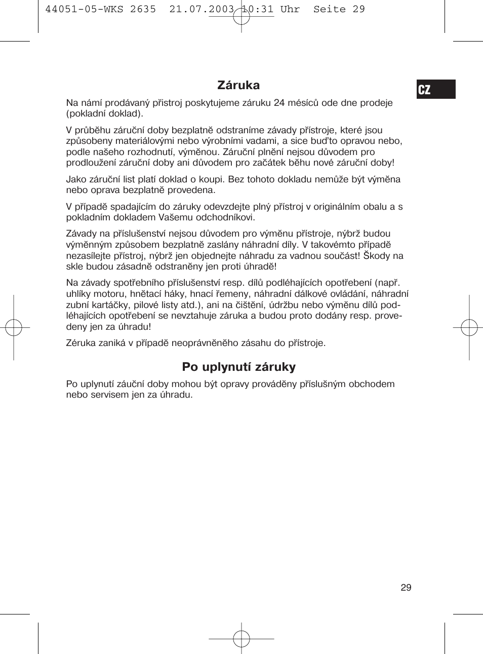 Záruka, Po uplynutí záruky | CLATRONIC CB 1241 User Manual | Page 29 / 39