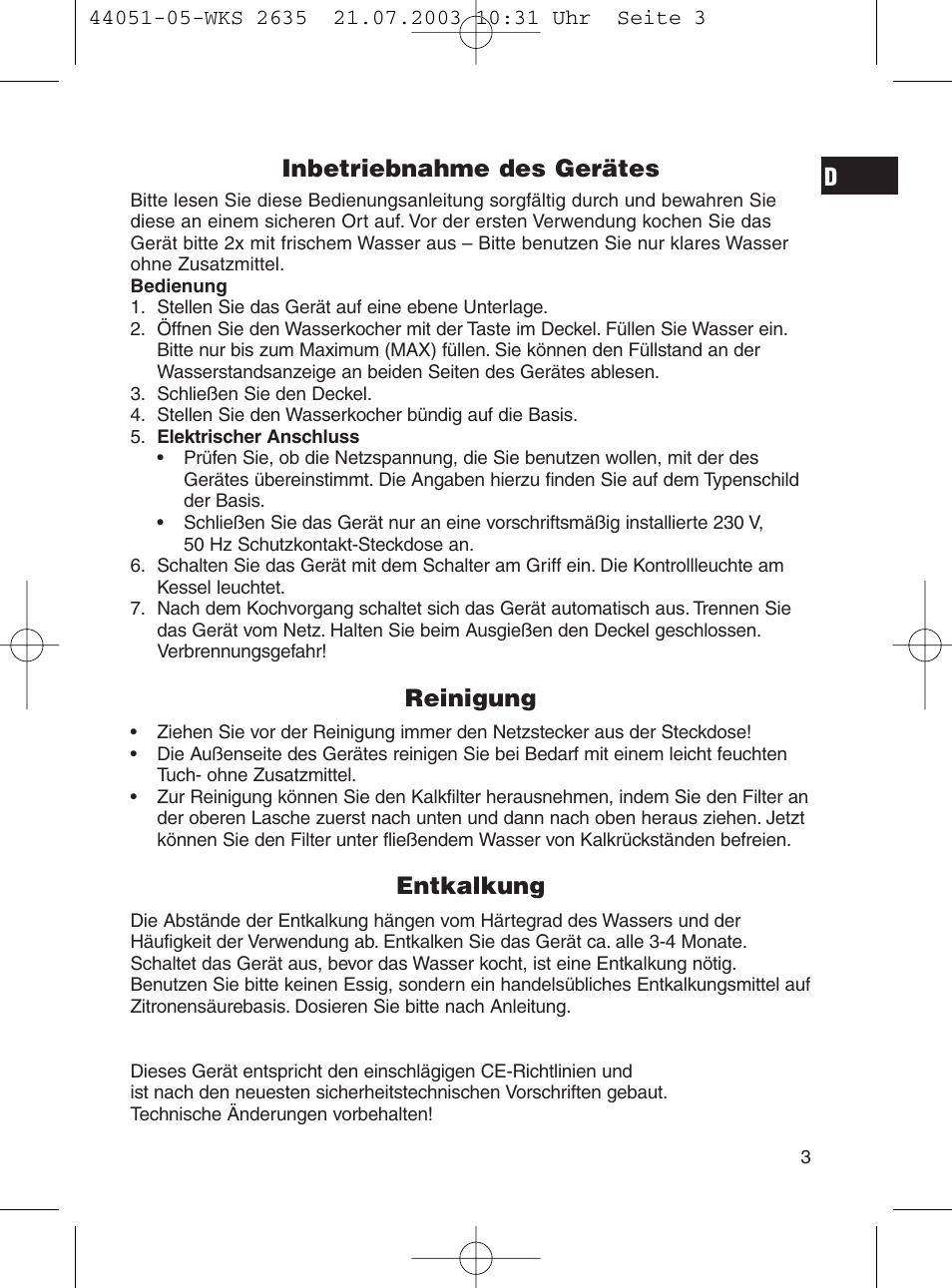 Inbetriebnahme des gerätes, Reinigung, Entkalkung | CLATRONIC CB 1241 User Manual | Page 3 / 39
