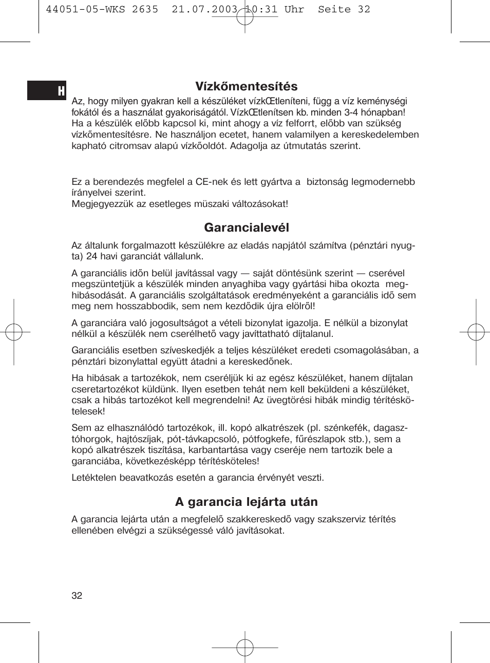 Vízkőmentesítés, Garancialevél, A garancia lejárta után | CLATRONIC CB 1241 User Manual | Page 32 / 39