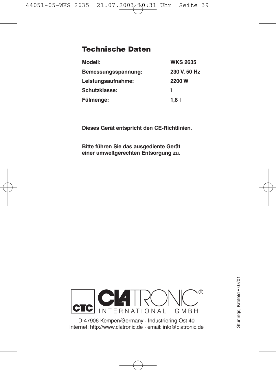 Technische daten | CLATRONIC CB 1241 User Manual | Page 39 / 39