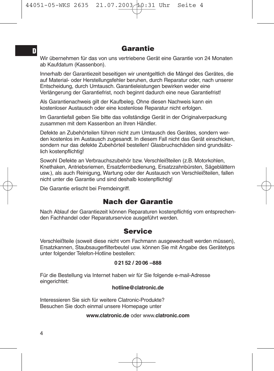 Garantie, Nach der garantie, Service | CLATRONIC CB 1241 User Manual | Page 4 / 39