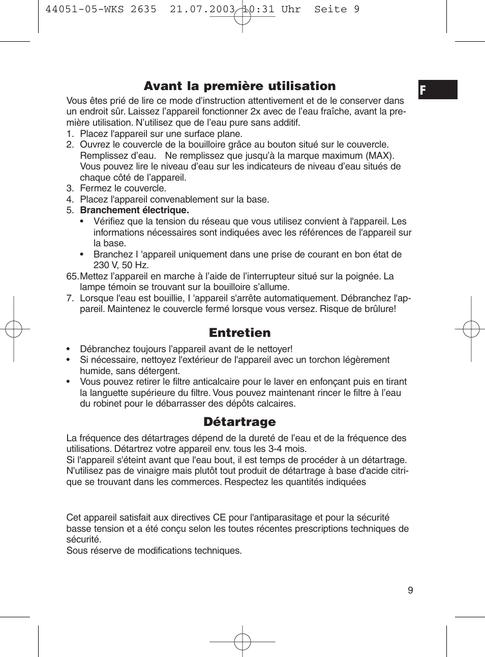 Avant la première utilisation, Entretien, Détartrage | CLATRONIC CB 1241 User Manual | Page 9 / 39
