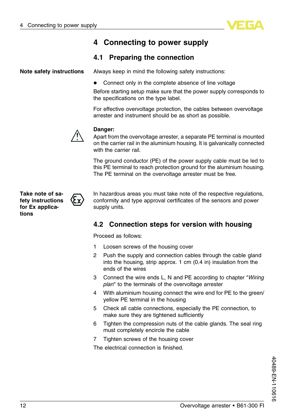 4 connecting to power supply, 1 preparing the connection, 2 connection steps for version with housing | 4connecting to power supply | VEGA B61-300 FI User Manual | Page 12 / 20