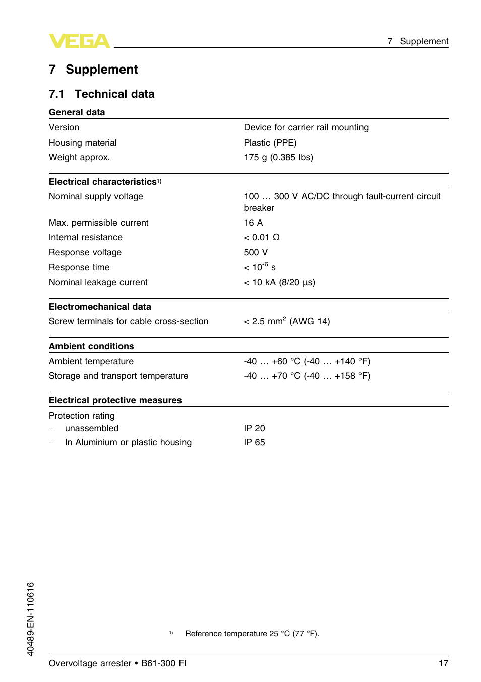 7 supplement, 1 technical data, 7supplement | VEGA B61-300 FI User Manual | Page 17 / 20