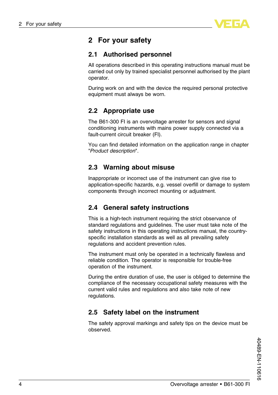 2 for your safety, 1 authorised personnel, 2 appropriate use | 3 warning about misuse, 4 general safety instructions, 5 safety label on the instrument, 2for your safety | VEGA B61-300 FI User Manual | Page 4 / 20