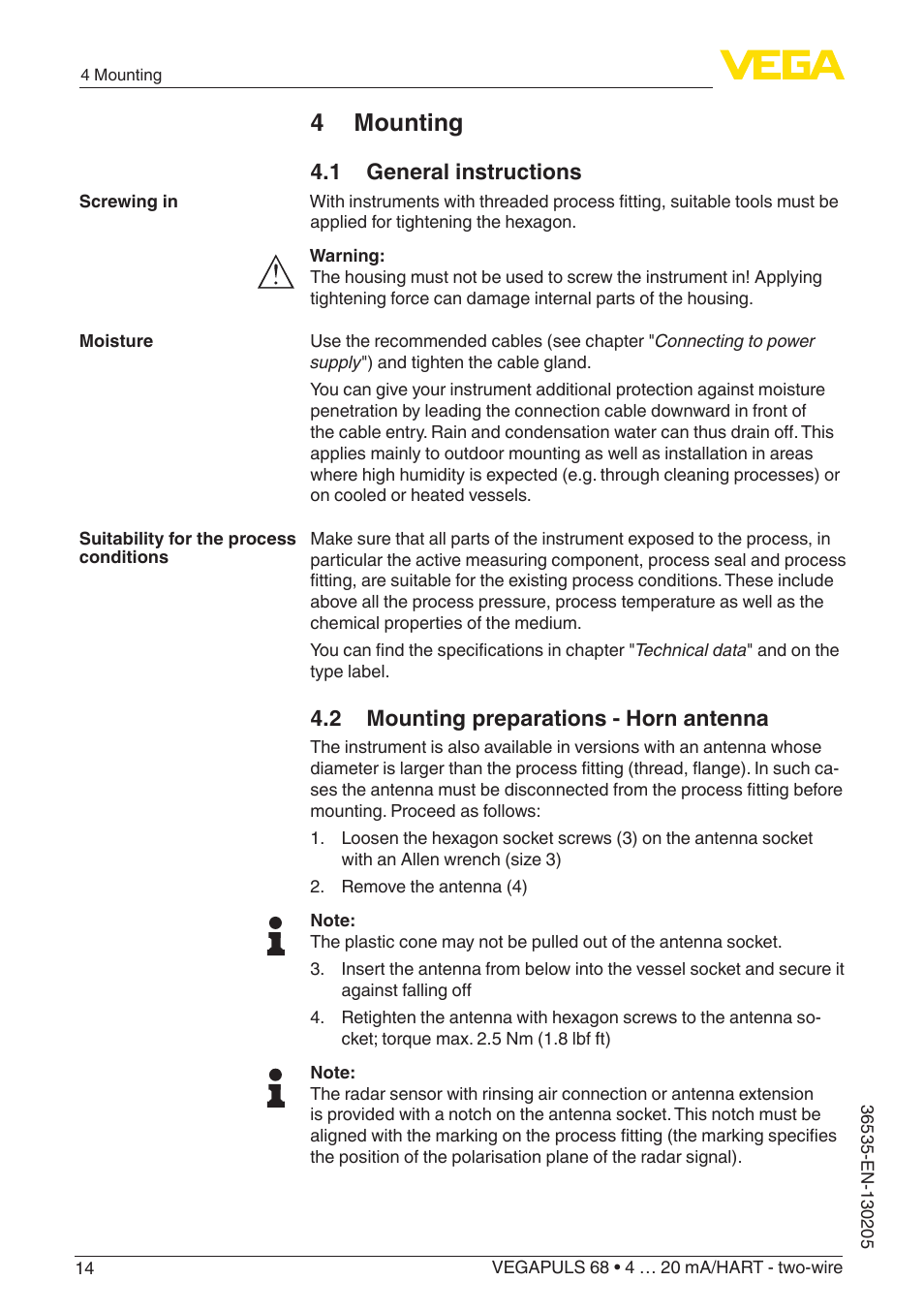 4 mounting, 1 general instructions, 2 mounting preparations - horn antenna | VEGA VEGAPULS 68 (≥ 2.0.0 - ≥ 4.0.0) 4 … 20 mA_HART - two-wire User Manual | Page 14 / 84