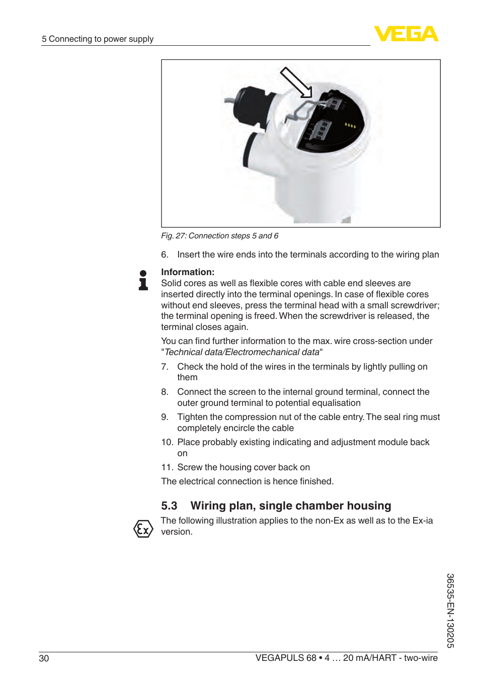 3 wiring plan, single chamber housing | VEGA VEGAPULS 68 (≥ 2.0.0 - ≥ 4.0.0) 4 … 20 mA_HART - two-wire User Manual | Page 30 / 84