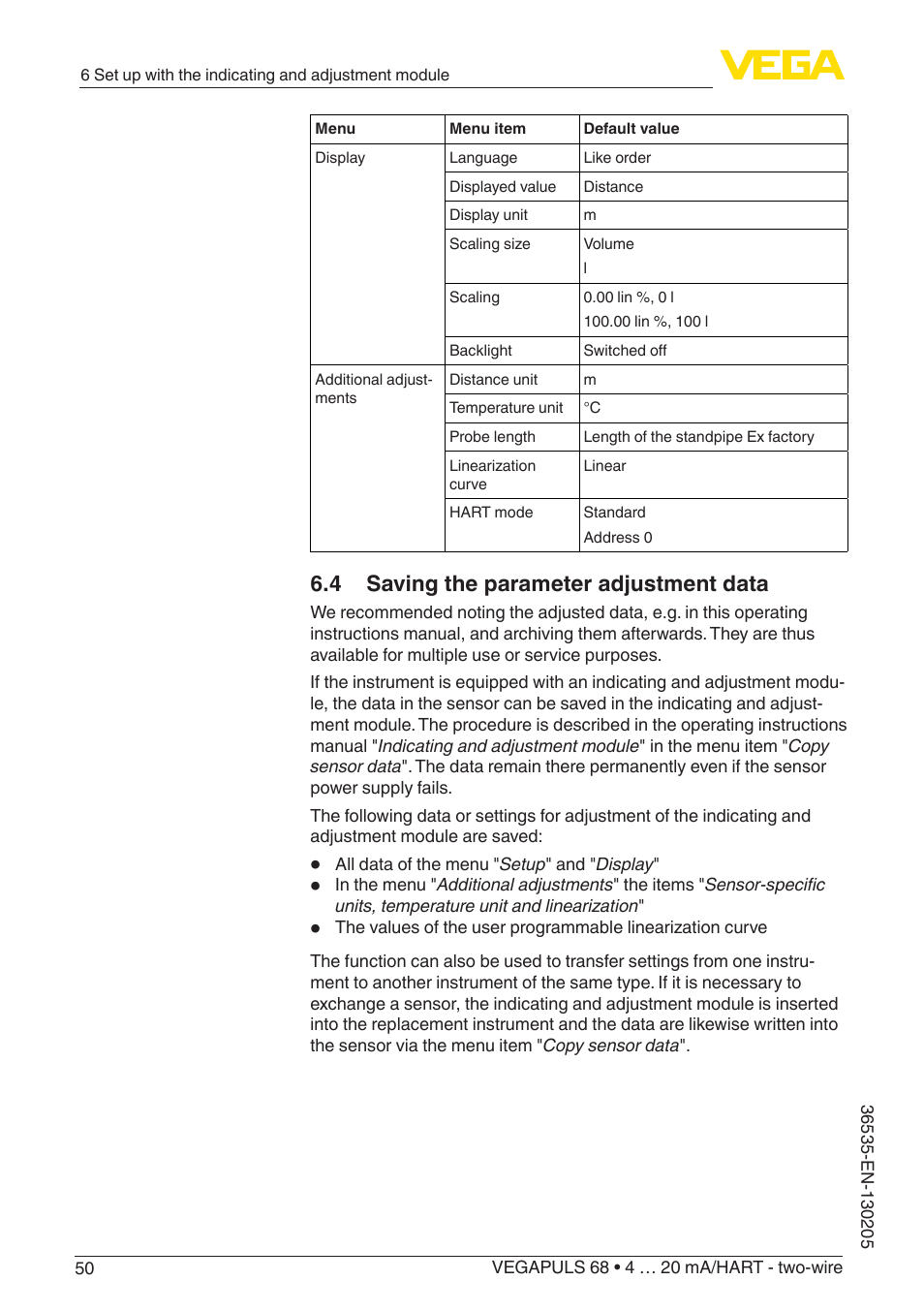 4 saving the parameter adjustment data | VEGA VEGAPULS 68 (≥ 2.0.0 - ≥ 4.0.0) 4 … 20 mA_HART - two-wire User Manual | Page 50 / 84