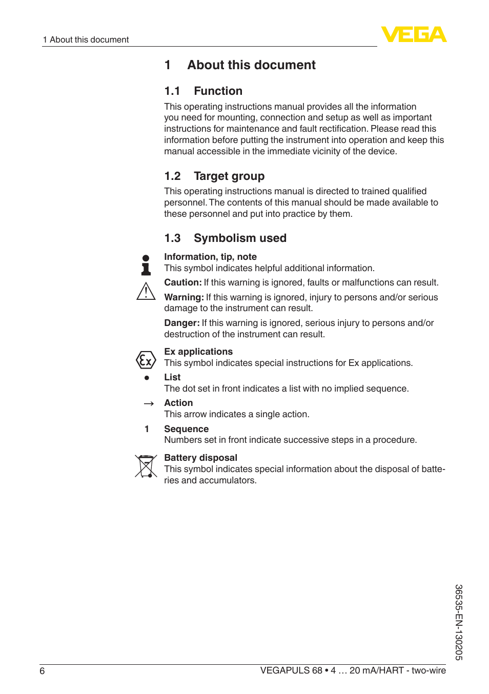 1 about this document | VEGA VEGAPULS 68 (≥ 2.0.0 - ≥ 4.0.0) 4 … 20 mA_HART - two-wire User Manual | Page 6 / 84
