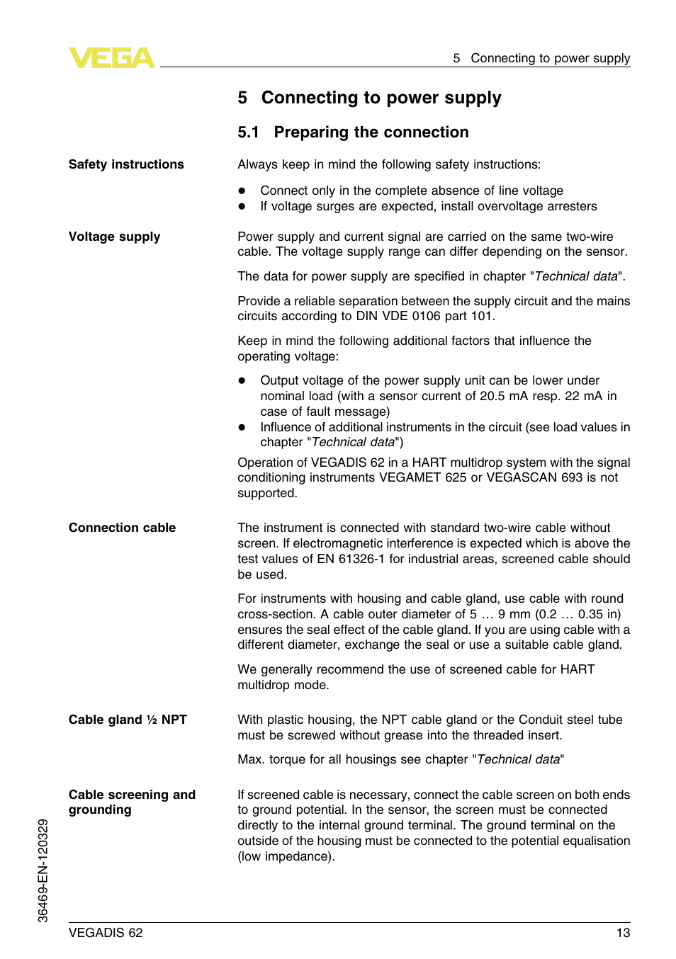 5 connecting to power supply, 1 preparing the connection, 5connecting to power supply | VEGA VEGADIS 62 User Manual | Page 13 / 52