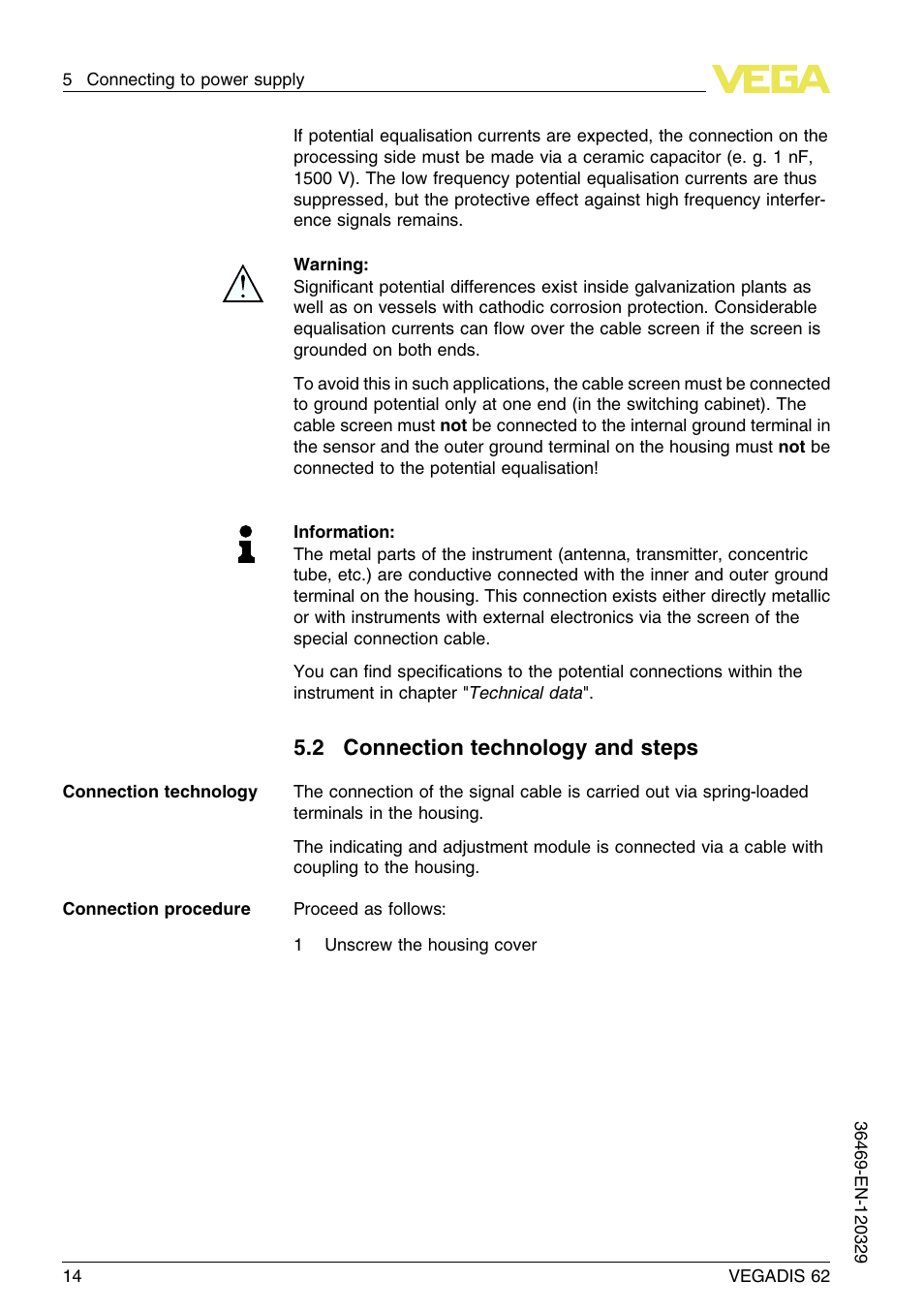 2 connection technology and steps | VEGA VEGADIS 62 User Manual | Page 14 / 52