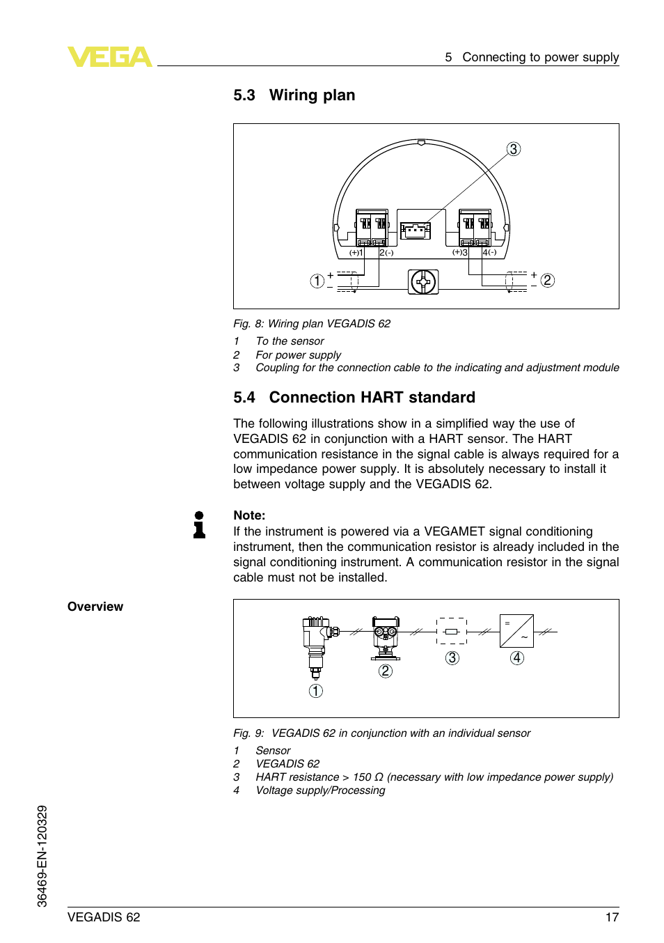 3 wiring plan, 4 connection hart standard | VEGA VEGADIS 62 User Manual | Page 17 / 52