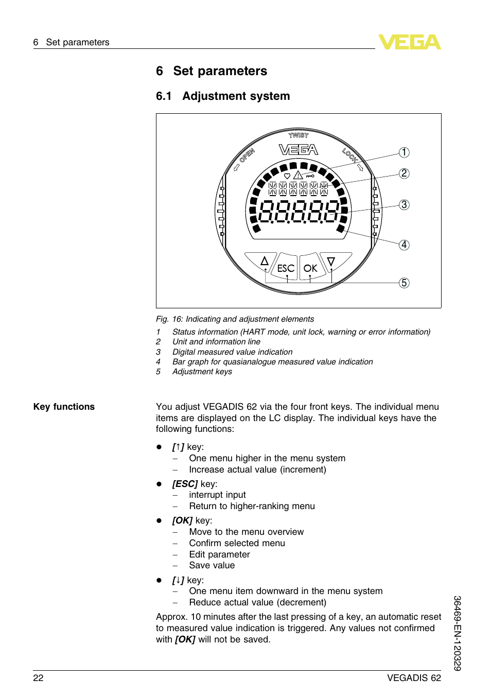 6 set parameters, 1 adjustment system, 6set parameters | VEGA VEGADIS 62 User Manual | Page 22 / 52