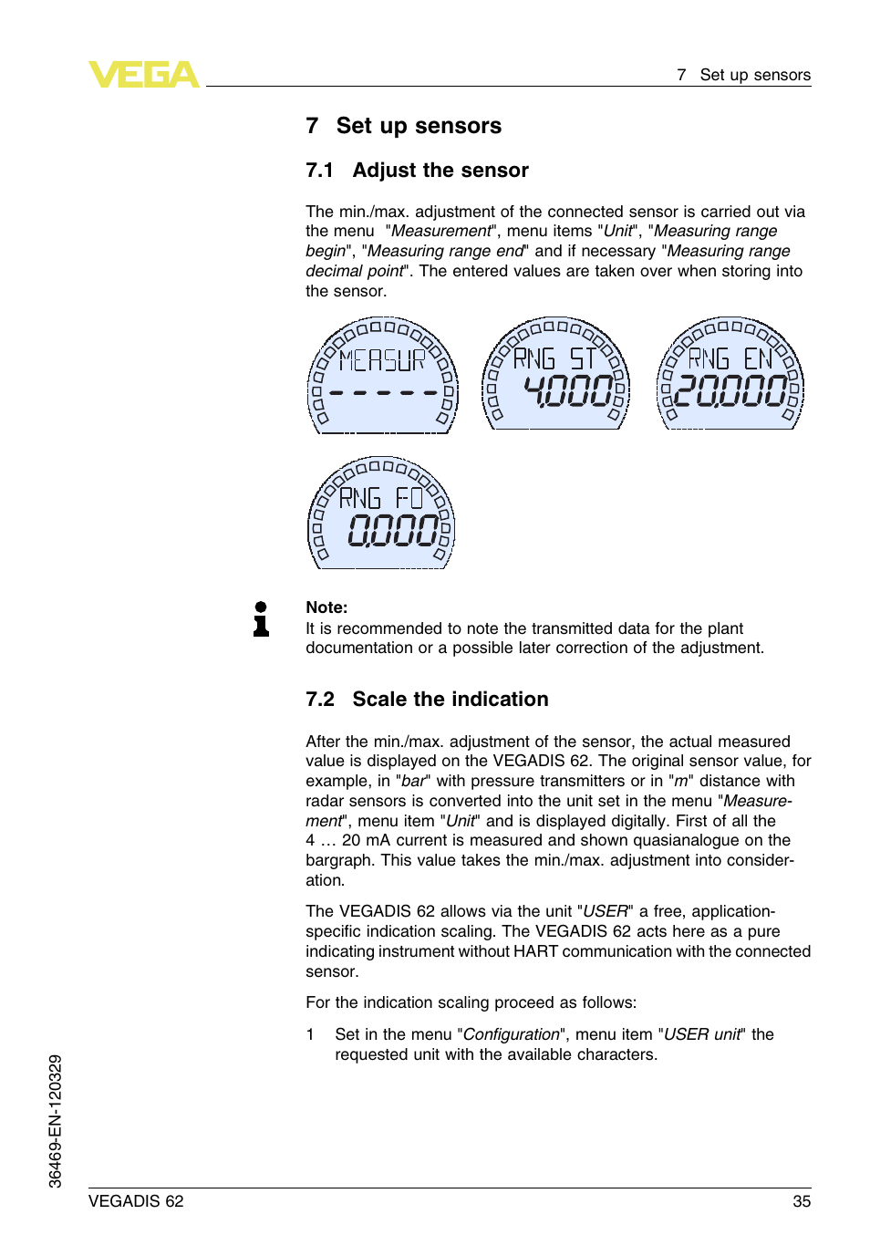 7 set up sensors, 1 adjust the sensor, 2 scale the indication | VEGA VEGADIS 62 User Manual | Page 35 / 52