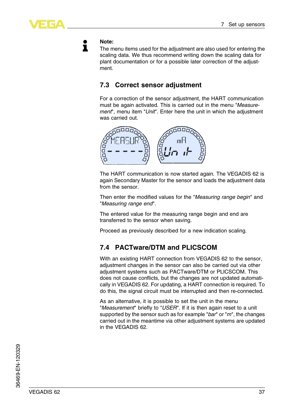 3 correct sensor adjustment, 4 pactware/dtm and plicscom | VEGA VEGADIS 62 User Manual | Page 37 / 52