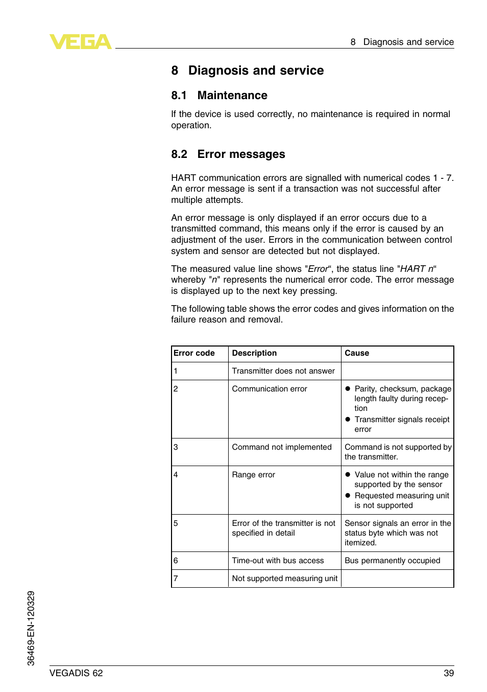 8 diagnosis and service, 1 maintenance, 2 error messages | 8diagnosis and service | VEGA VEGADIS 62 User Manual | Page 39 / 52