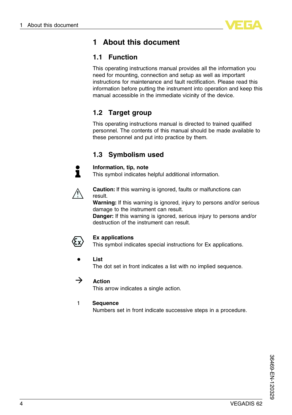 1 about this document, 1 function, 2 target group | 3 symbolism used, 1about this document | VEGA VEGADIS 62 User Manual | Page 4 / 52