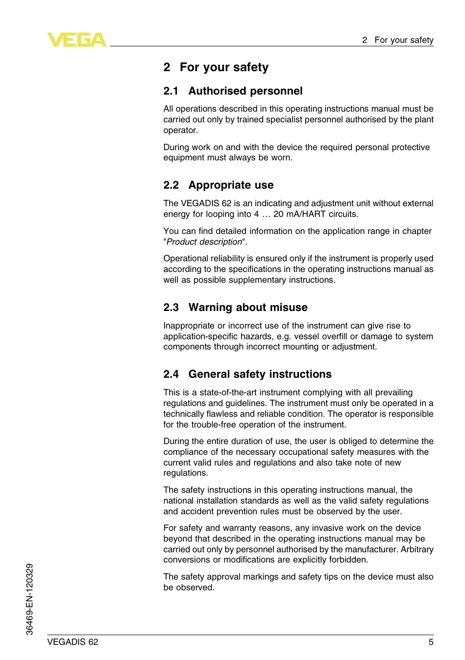 2 for your safety, 1 authorised personnel, 2 appropriate use | 3 warning about misuse, 4 general safety instructions, 2for your safety | VEGA VEGADIS 62 User Manual | Page 5 / 52