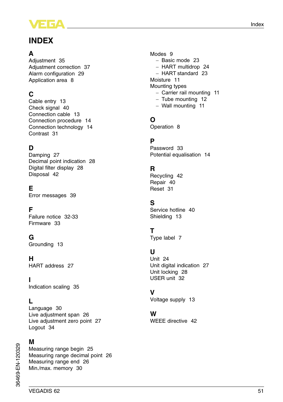 Index | VEGA VEGADIS 62 User Manual | Page 51 / 52
