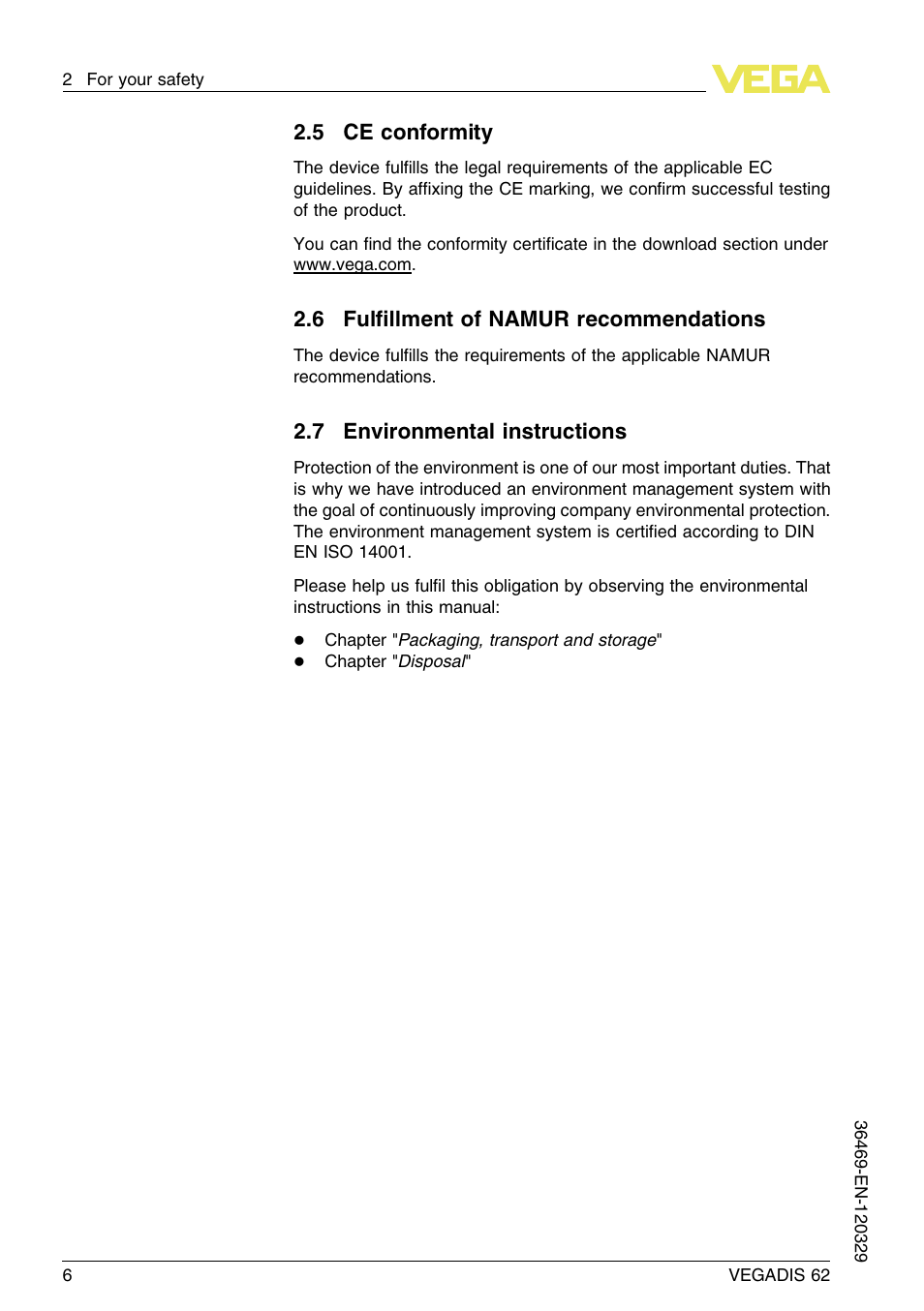 5 ce conformity, 6 fulfillment of namur recommendations, 7 environmental instructions | VEGA VEGADIS 62 User Manual | Page 6 / 52