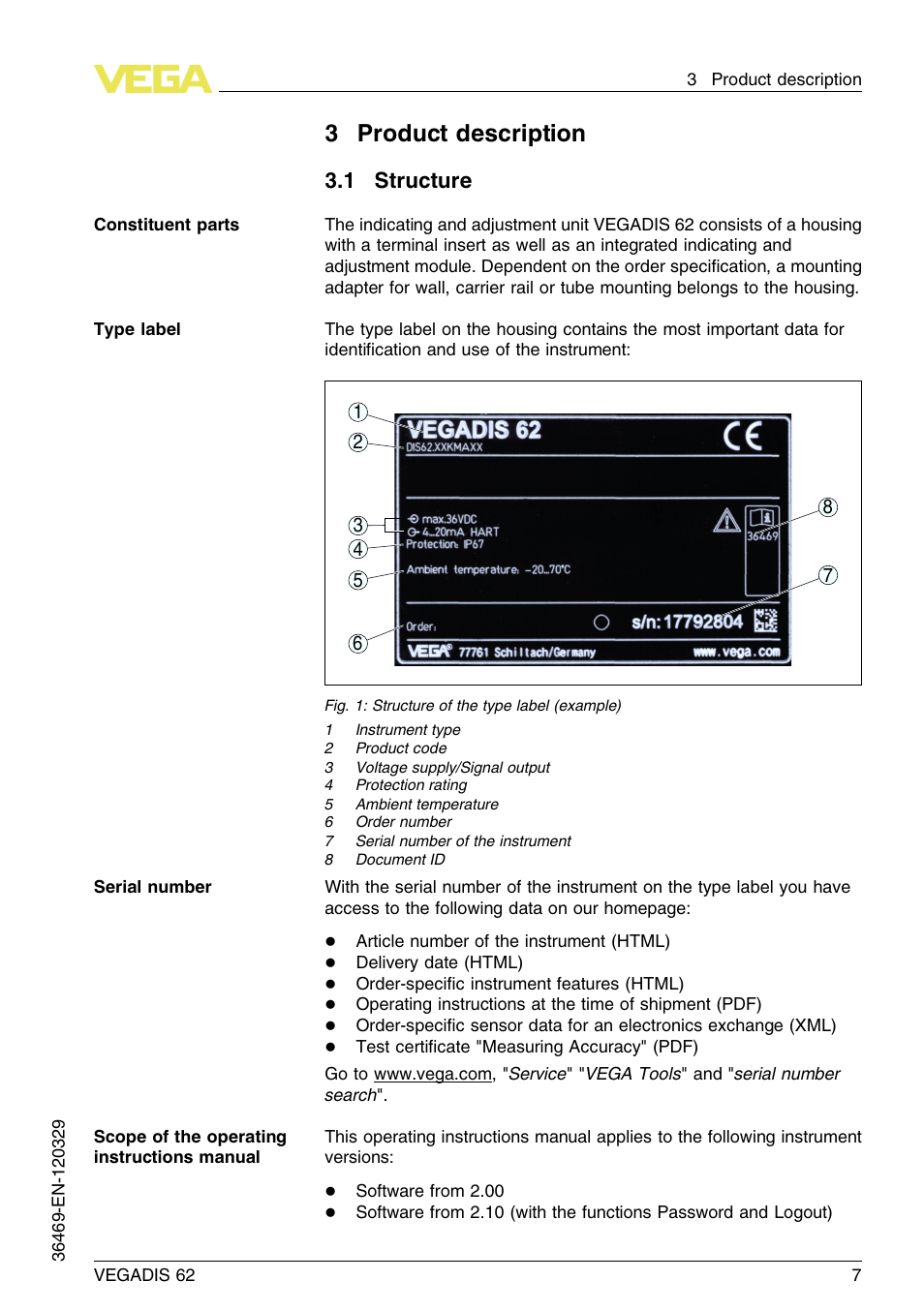 3 product description, 1 structure, 3product description | VEGA VEGADIS 62 User Manual | Page 7 / 52