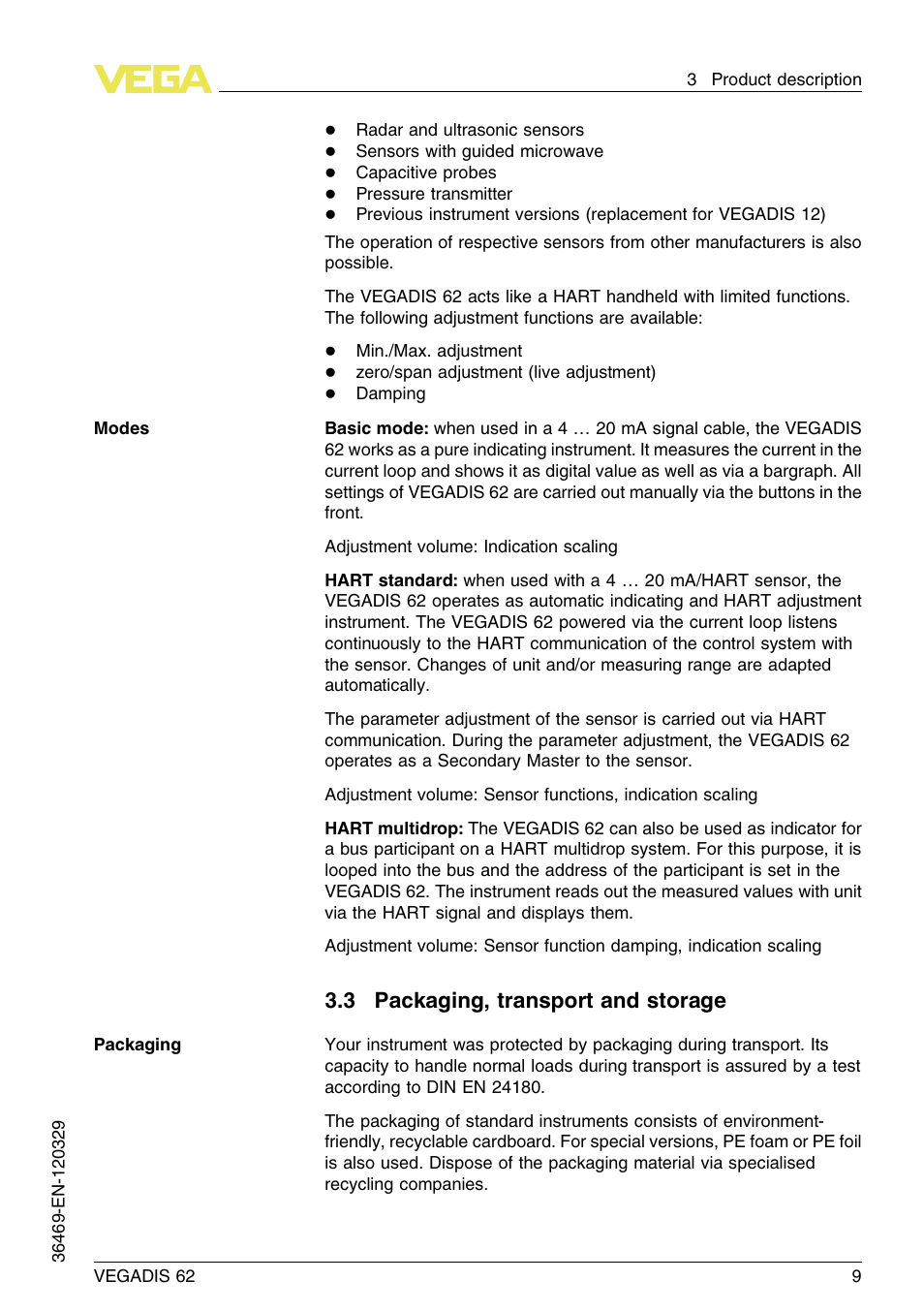 3 packaging, transport and storage | VEGA VEGADIS 62 User Manual | Page 9 / 52