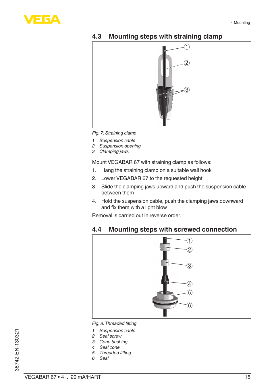 3 mounting steps with straining clamp, 4 mounting steps with screwed connection | VEGA VEGABAR 67 4 … 20 mA_HART User Manual | Page 15 / 72