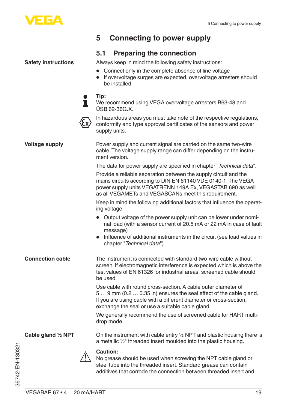 5 connecting to power supply | VEGA VEGABAR 67 4 … 20 mA_HART User Manual | Page 19 / 72