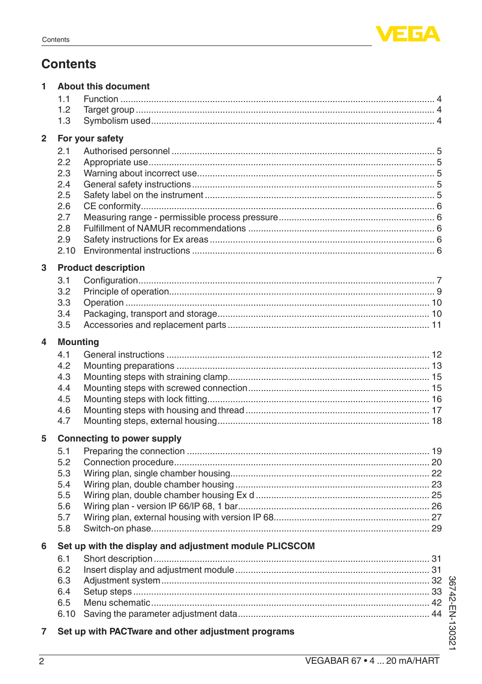 VEGA VEGABAR 67 4 … 20 mA_HART User Manual | Page 2 / 72