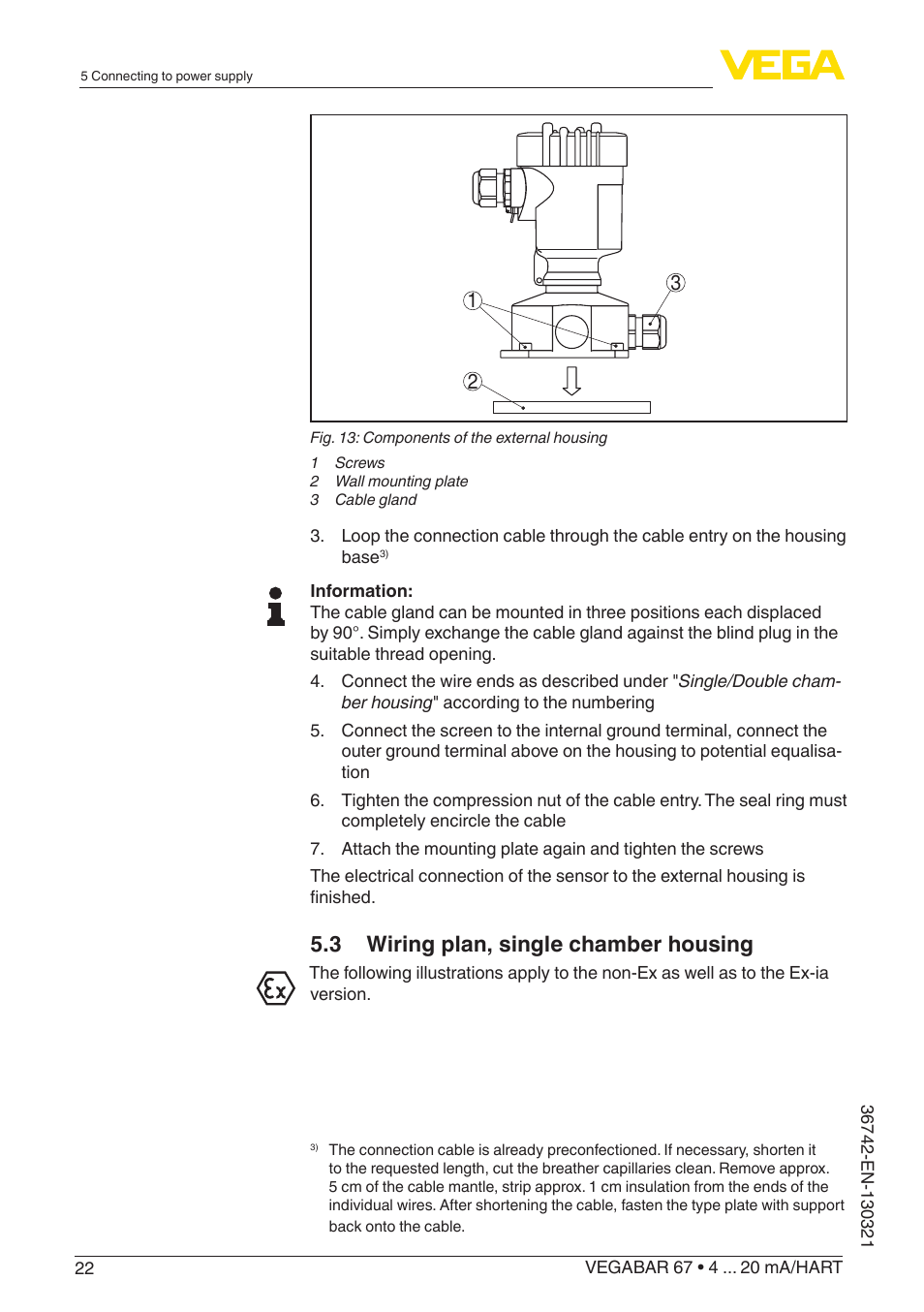 3 wiring plan, single chamber housing | VEGA VEGABAR 67 4 … 20 mA_HART User Manual | Page 22 / 72