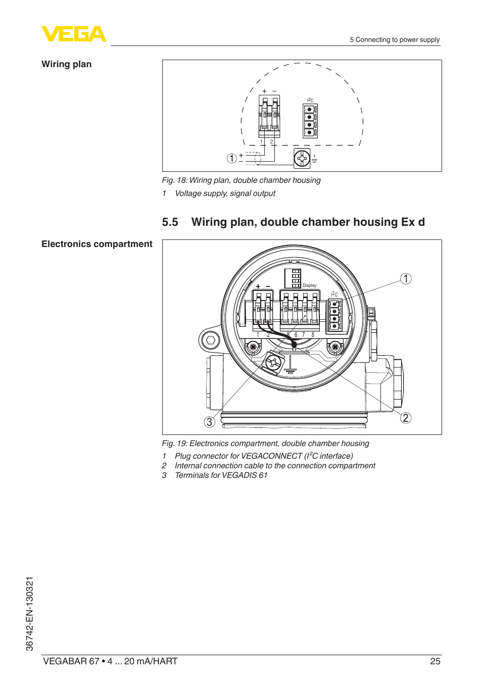 5 wiring plan, double chamber housing ex d 1 3 2 | VEGA VEGABAR 67 4 … 20 mA_HART User Manual | Page 25 / 72