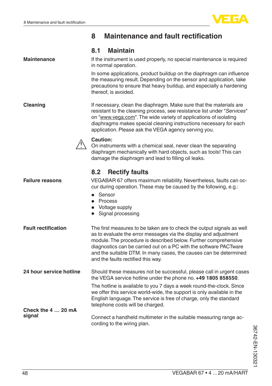 8 maintenance and fault rectification | VEGA VEGABAR 67 4 … 20 mA_HART User Manual | Page 48 / 72