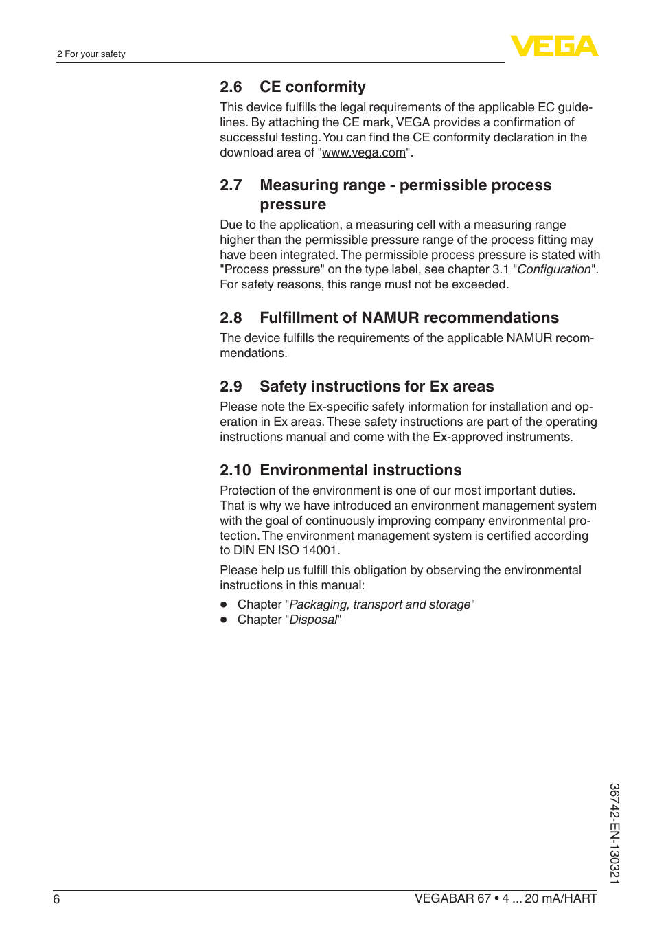 VEGA VEGABAR 67 4 … 20 mA_HART User Manual | Page 6 / 72