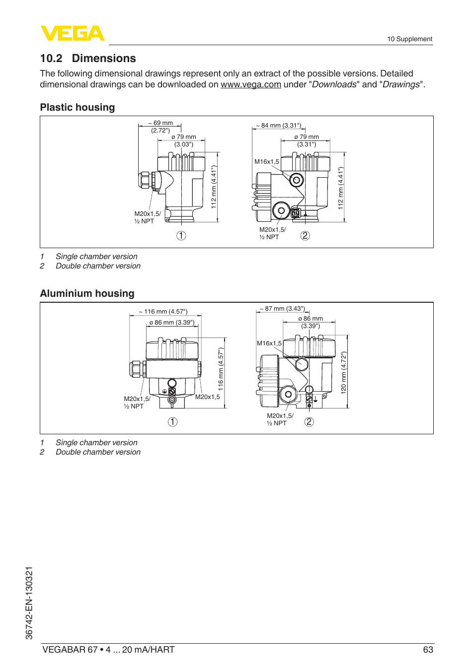 2 dimensions, Plastic housing, Aluminium housing | VEGA VEGABAR 67 4 … 20 mA_HART User Manual | Page 63 / 72