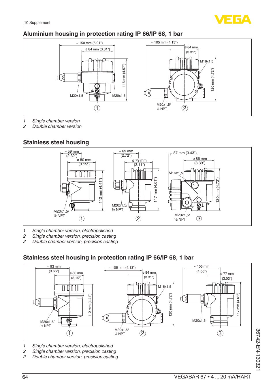 Stainless steel housing | VEGA VEGABAR 67 4 … 20 mA_HART User Manual | Page 64 / 72