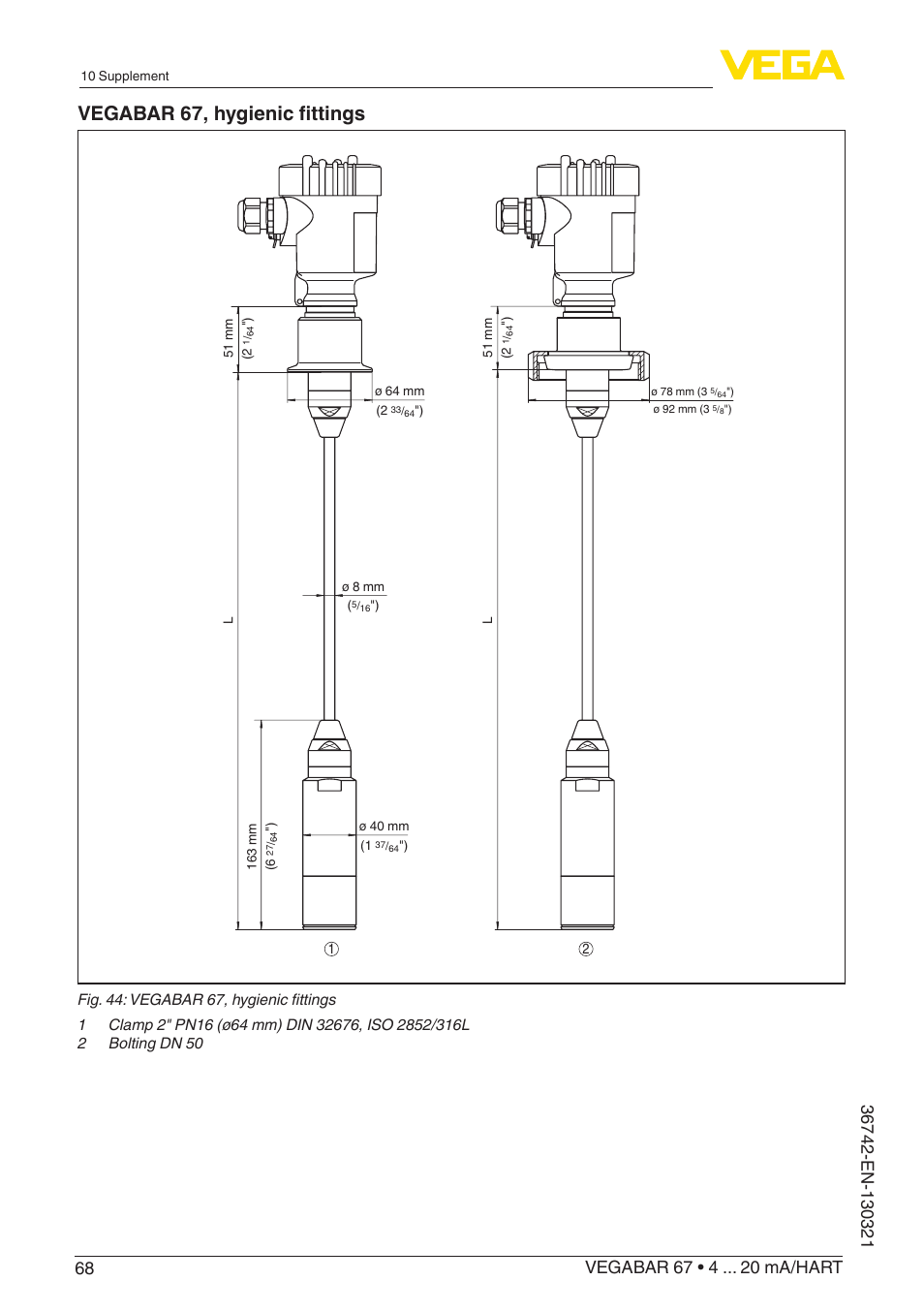 Vegabar 67, hygienic fittings | VEGA VEGABAR 67 4 … 20 mA_HART User Manual | Page 68 / 72