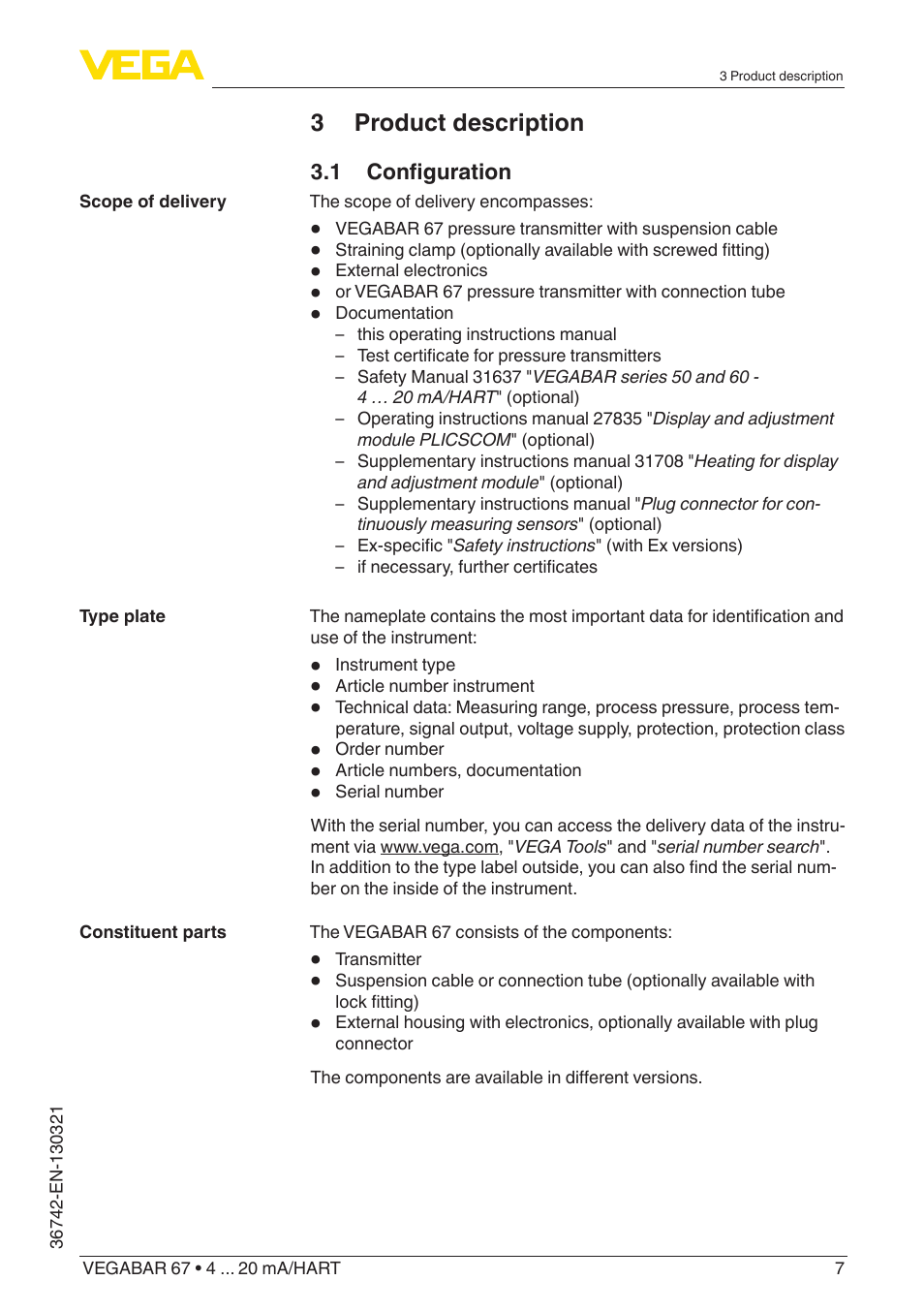 3 product description | VEGA VEGABAR 67 4 … 20 mA_HART User Manual | Page 7 / 72