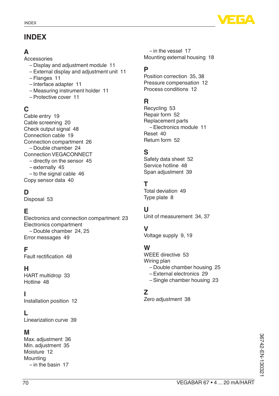 Index | VEGA VEGABAR 67 4 … 20 mA_HART User Manual | Page 70 / 72