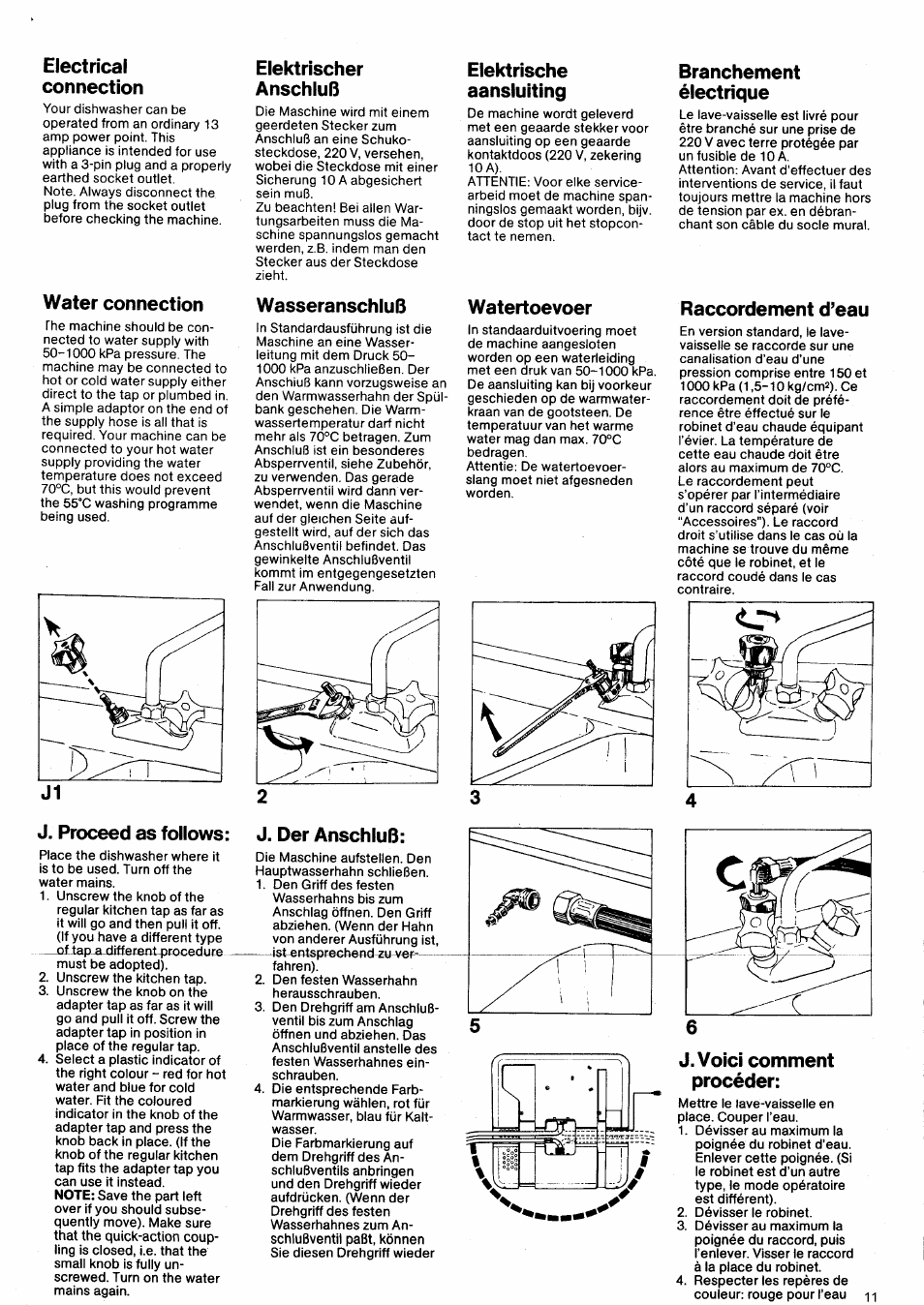 Electrical, Connection, Water connection | Elektrischer, Anschluß, Wasseranschluß, Elektrische, Aansluiting, Watertoevoer, Branchement | KING BD 400 User Manual | Page 11 / 12
