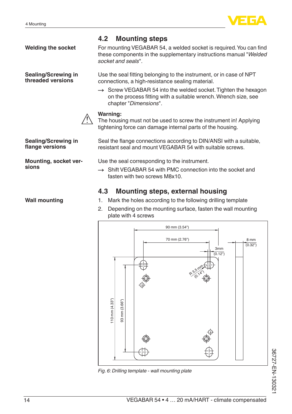 2 mounting steps, 3 mounting steps, external housing | VEGA VEGABAR 54 4 … 20 mA_HART - climate compensated User Manual | Page 14 / 72