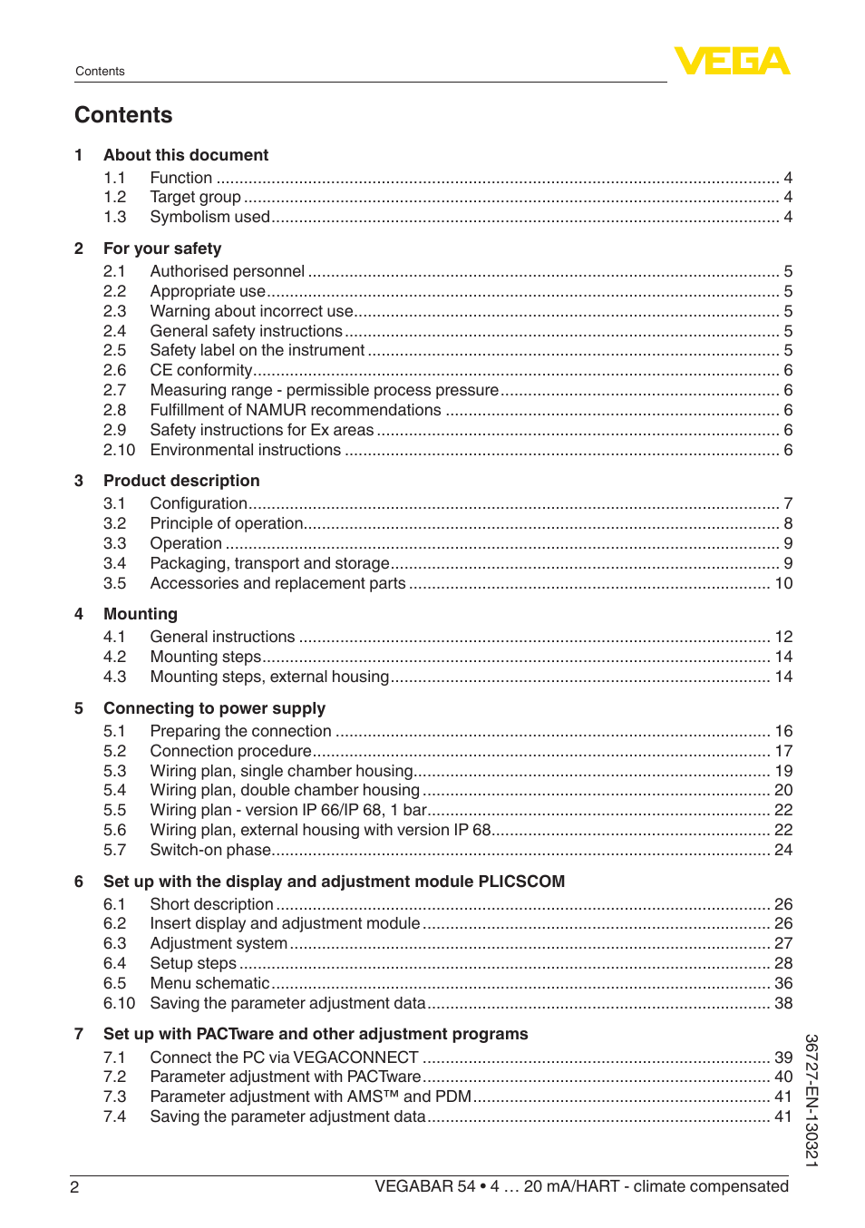 VEGA VEGABAR 54 4 … 20 mA_HART - climate compensated User Manual | Page 2 / 72