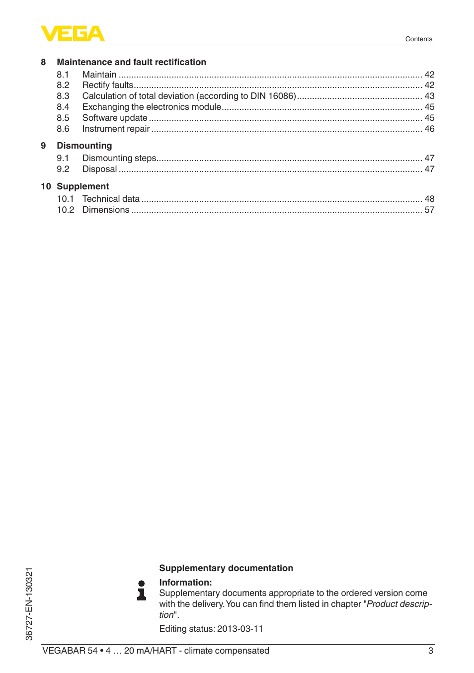 VEGA VEGABAR 54 4 … 20 mA_HART - climate compensated User Manual | Page 3 / 72