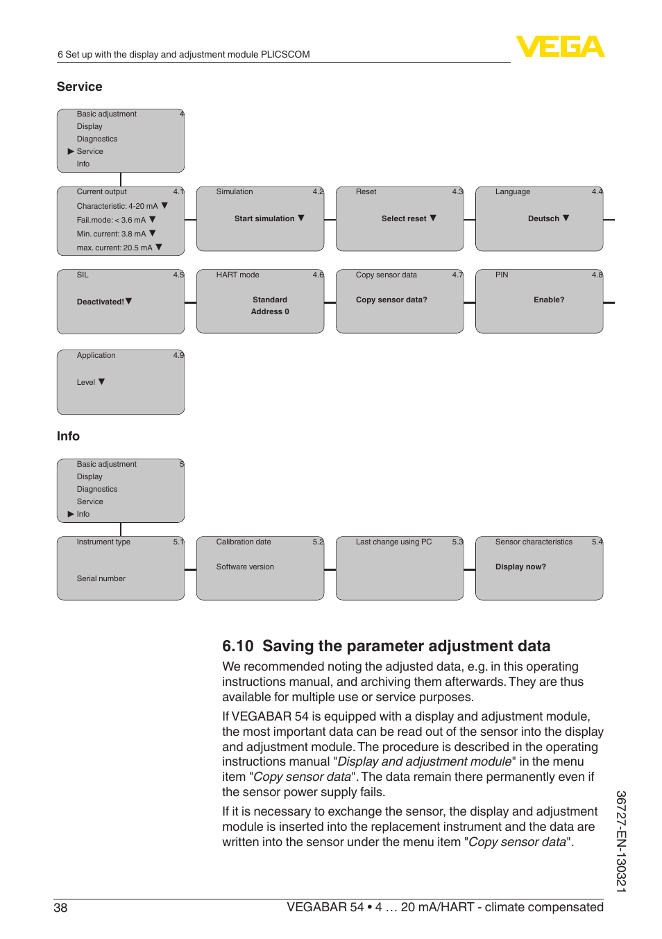 10 saving the parameter adjustment data, Info | VEGA VEGABAR 54 4 … 20 mA_HART - climate compensated User Manual | Page 38 / 72